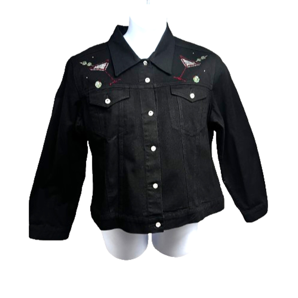 Christine Alexander Embellished Black Denim Bling Button Up Jacket XL Cocktails - Picture 2 of 9
